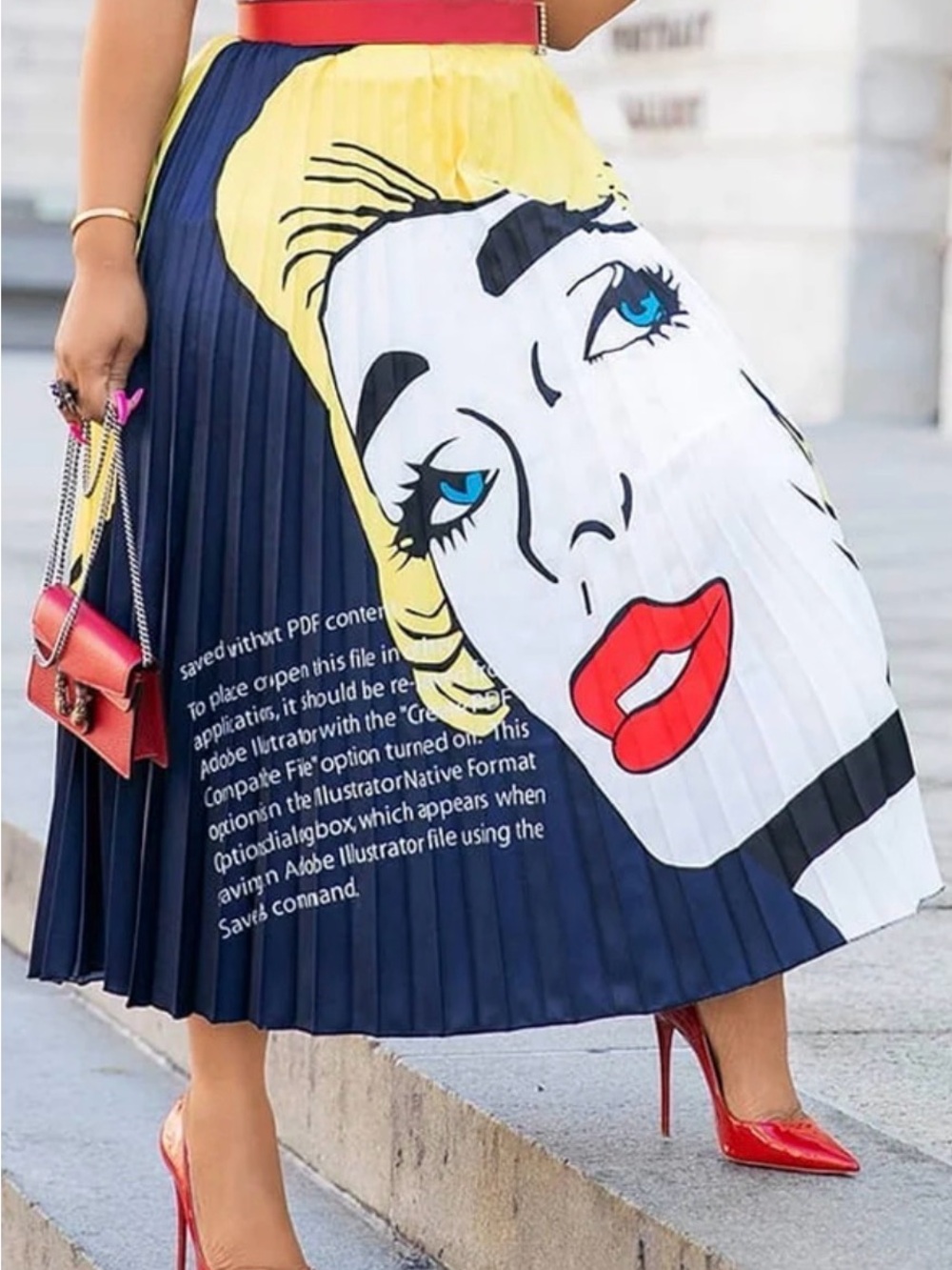 Pop Art Pleated Midi Skirt in Yellow, White, Red and Blue